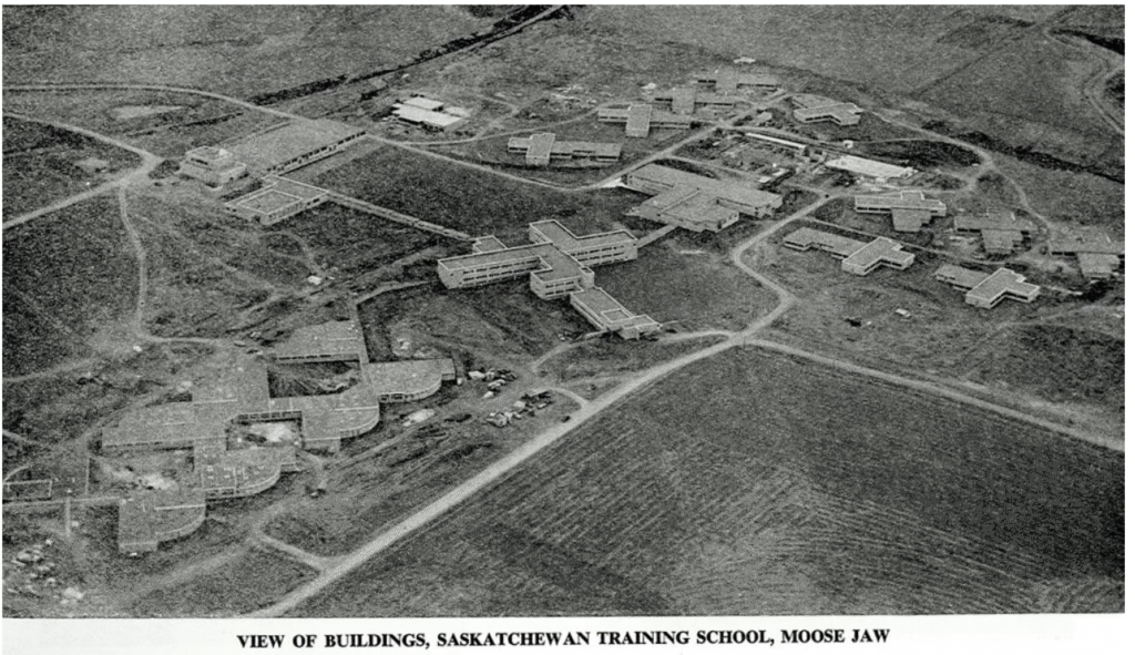 black and white aerial view of the entire saskatchewan training school 